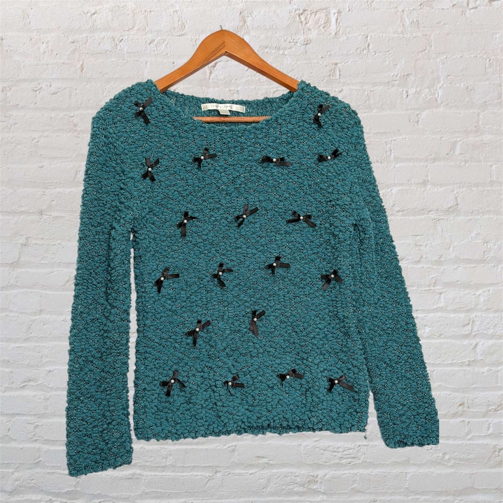 LC Lauren Conrad Teal Popcorn Knit Bow Pearl Sweater‎ Blue Metallic Small